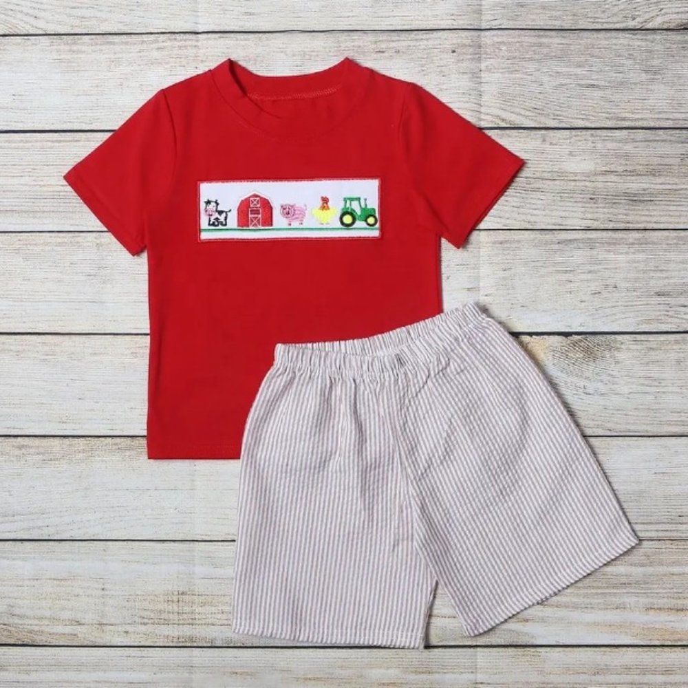 Boutique Farm Animals Barn Tractor Boys Shorts Outfit Set